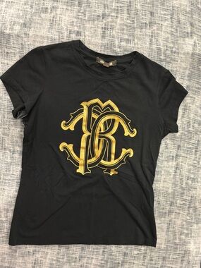 Roberto Cavalli Black Tee with Gold Monogram